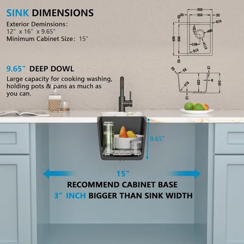 Vista 5 de 12"x16" Undermount Bar Prep Sink – Matte Black Granite Composite Quartz Classic Under Counter Single Bowl Sink Basin for Wet Bar, RV, Outdoor