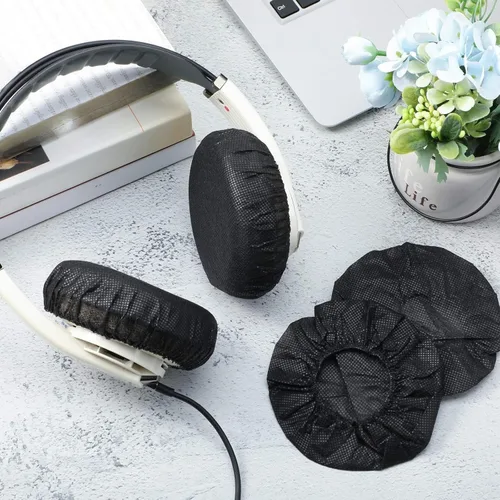 Vista 6 de BBTO 100 piezas de fundas desechables para auriculares, fundas elásticas sanitarias no tejidas para auriculares con ajuste para la mayoría de Negro