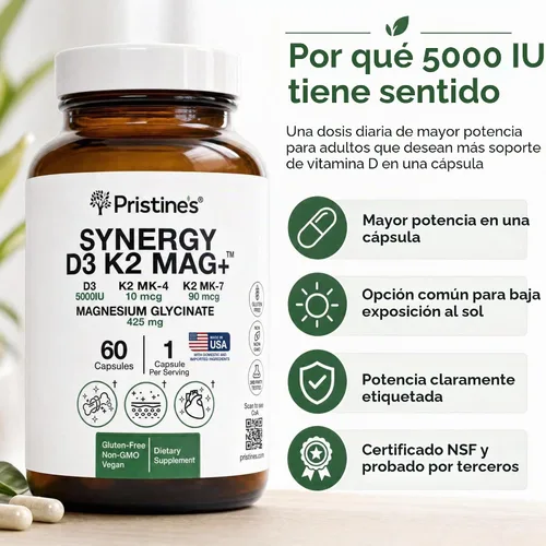Vista 4 de PRISTINE'S Vitamina D3 K2 5000 UI cápsulas con magnesio, certificado NSF