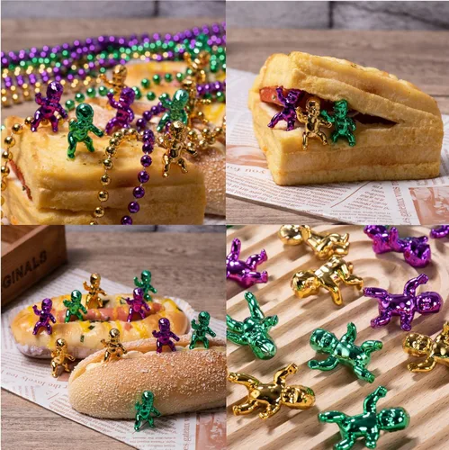 Vista 3 de ZZYFGH Collar de cuentas de Mardi Gras 12 piezas y Mini King Cake Babies 6 piezas Oro Metálico Morado Verde Accesorio de Disfraz para Fiesta