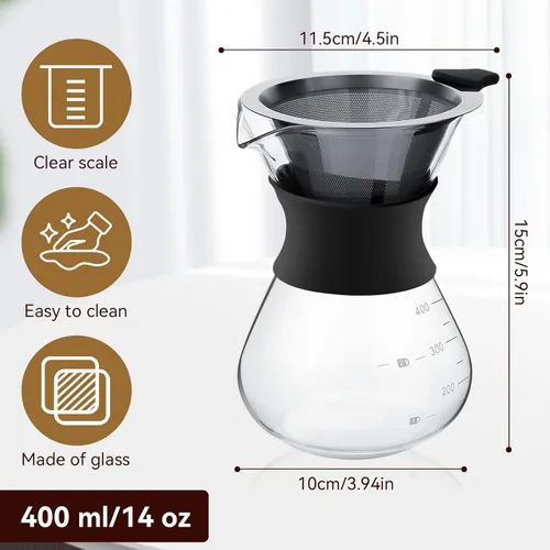 Vista 2 de HERCHR Cafetera vertida con filtro de acero inoxidable, cafetera de vidrio, olla de goteo, cafetera de vidrio reutilizable, cafetera manual