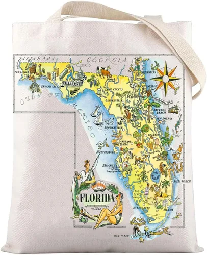 LEVLO Divertido mapa del estado de Florida bolsa de lona Florida viaje recuerdo regalo 1940's Florida Cartoon Illustration Shoulder Bag