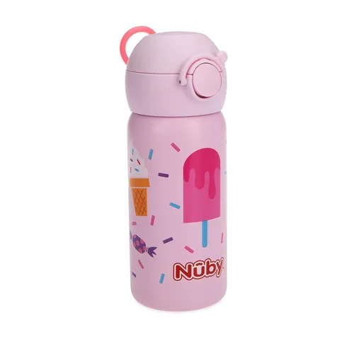 Vista 7 de Nuby Thirsty Kids - Vaso de viaje o botella de agua de acero inoxidable antiderrames Flip-It Active - 14 oz - Más de 18 meses - Helado rosa