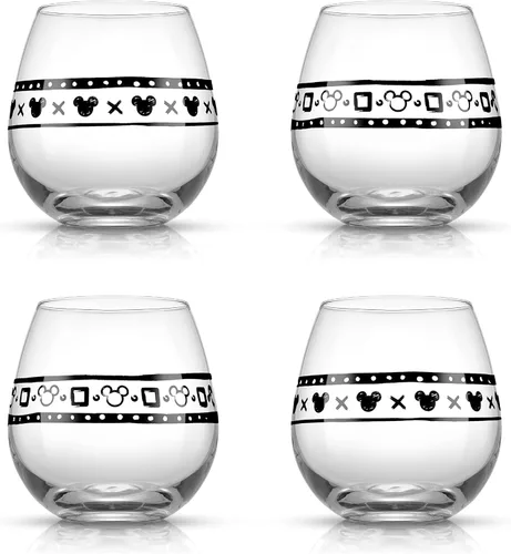 JoyJolt Disney Mickey Mouse Geo Picnic Copas de vino sin tallo para vino tinto o blanco (juego de 4) 15 onzas