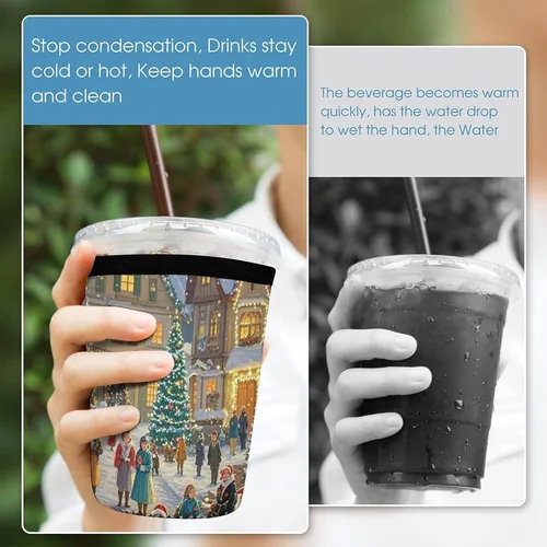 Vista 5 de Christmas-themed Town Reusable Insulated Neoprene Iced Coffee Cup Sleeves 3 Sizes Diving Material Cup Durable Beverage Covers for Cold Coffee Tea