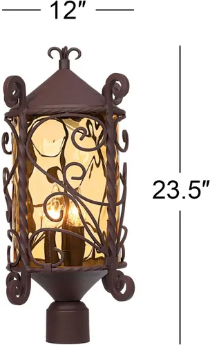 Vista 4 de John Timberland Casa Sevilla - Lámpara de poste rústica de nogal oscuro, pergamino de hierro martillado de 23 1/2 pulgadas, vidrio martillado