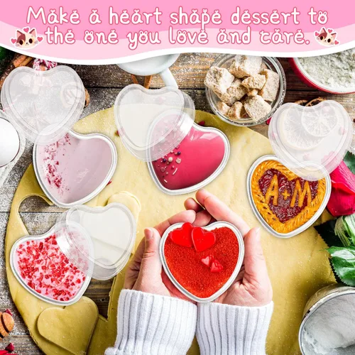 Vista 4 de Sartenes de aluminio en forma de corazón, 40 paquetes de moldes de aluminio para tartas de corazón con tapas para hornear, 3.4 onzas/3.4 fl oz