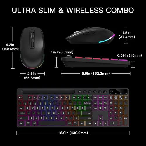 Vista 8 de Wireless Keyboard and Mouse Combo with Backlit - Soueto Full Size Ergonomic Keyboard with Phone Tablet Holder, 2.4GHz Lag-Free Silent Computer Mouse