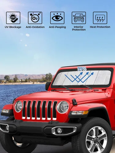 Vista 2 de Parasol mejorado para parabrisas compatible con Wrangler JL y Gladiator JT, parasol plegable que bloquea los rayos UV, protector de protección solar