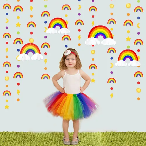 Vista 7 de Decoraciones de fiesta de arco iris, nube 3D, círculo, puntos, estrella, luna, rayo, guirnalda colorida para cumpleaños, baby shower, boda
