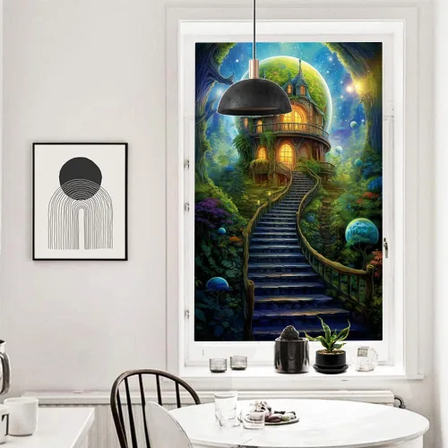 Vista 24 de Película de privacidad rústica para ventana, diseño retro de árbol de casa, vitral, bloqueo solar, control de calor, película decorativa para cubrir
