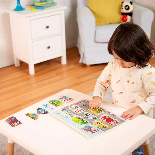 Vista 3 de B. toys Peek & Explore Puzzle 4 – Pack – Juguetes de madera para niños pequeños – 8 piezas cada uno – Vehículos, camiones, animales, corral – 2+ años