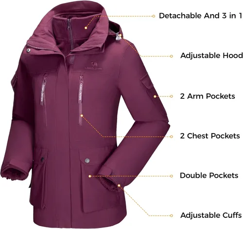 Vista 3 de CAMEL CROWN Chaquetas de esquí impermeables 3 en 1 para mujer, chaquetas de nieve con capucha de forro polar, abrigos de invierno cortavientos