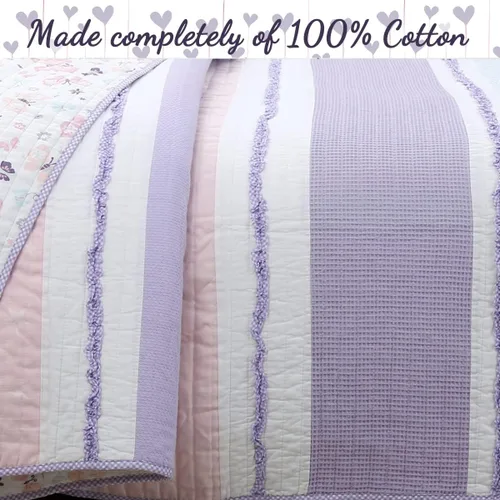 Vista 4 de Cozy Line Home Fashions Juego de ropa de cama acolchada reversible para niña con volantes azul lavanda rosa de 100% algodón, colcha, cubrecama