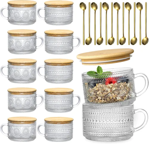 Vista 10 de Tazas de café vintage, contenedores de avena nocturna con tapas y cucharas de bambú - Tazas de vidrio claro grabado de 14oz, lindos accesorios