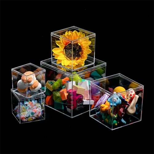Vista 2 de PROFIKLA Caja de acrílico transparente de 4.7/4/3.3/2.5 pulgadas con tapa, caja de exhibición de joyas, cajas de almacenamiento decorativas de cubo