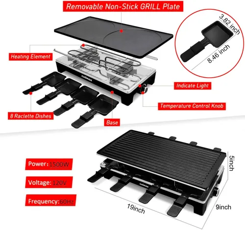 Vista 7 de Parrilla de Mesa Raclette, CUSIMAX Parrilla Eléctrica, Parrilla de Interior Parrilla Coreana BBQ con Placa Antiadherente Reversible 2 en 1, Máquina