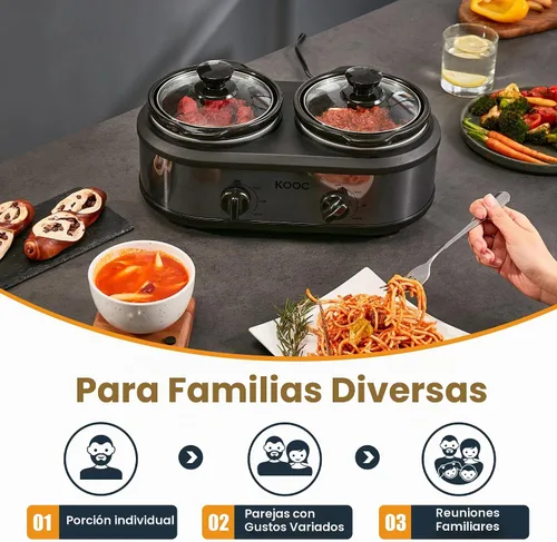 Vista 3 de KOOC Olla de cocción lenta doble pequeña, servidor de buffet y calentador, 2 ollas mini con 3 temperaturas ajustables individuales, ollas cerámicas