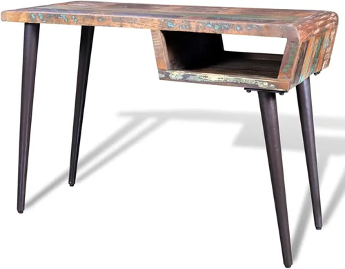 Vista 5 de Bopdu Escritorio de madera con patas de hierro, escritorio para computadora con cajón, oficina en casa, mesa de escritura, estación de trabajo