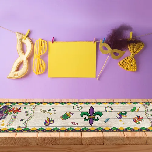 Vista 2 de Camino de mesa de camión Happy Mardi Gras de 72 pulgadas de largo, máscara de mascarada, cuentas de flor de lis, camino de mesa a cuadros, Mardi