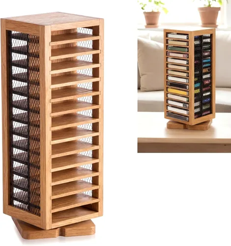Vista 8 de Ripeng Soporte para cinta de casete, 56 de capacidad, 360°, estante de almacenamiento de doble cara, estante de almacenamiento de metal y madera