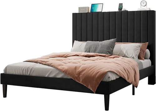 Vista 29 de Base de cama tamaño Queen tapizada en terciopelo con estación de carga, soporte de listones de madera, base de colchón, somier opcional, color blanco