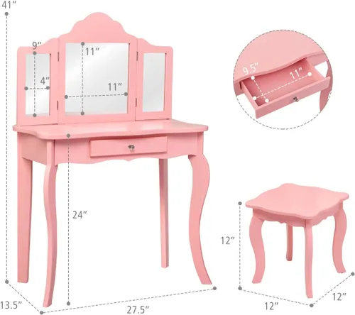 Vista 7 de Costzon Juego de Mesa de Tocador y Taburete de Madera para Niños, Diseño Desmontable 2 en 1 con Mesa de Tocador y Escritorio, Mesa de Tocador