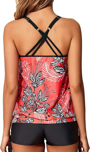 Vista 2 de Yonique Blouson - Traje de baño tankini para mujer con pantalones cortos y tiras, traje de baño de dos piezas