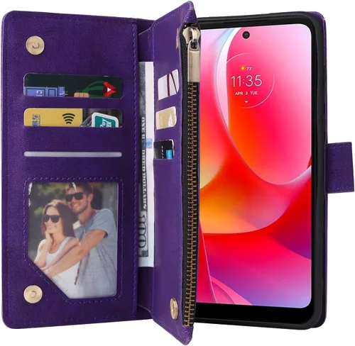 Vista 2 de LBYZCASE Funda para Moto G Play 2023 con ranuras para tarjetas, función atril, cierre magnético, de cuero, con cremallera, correa de muñeca