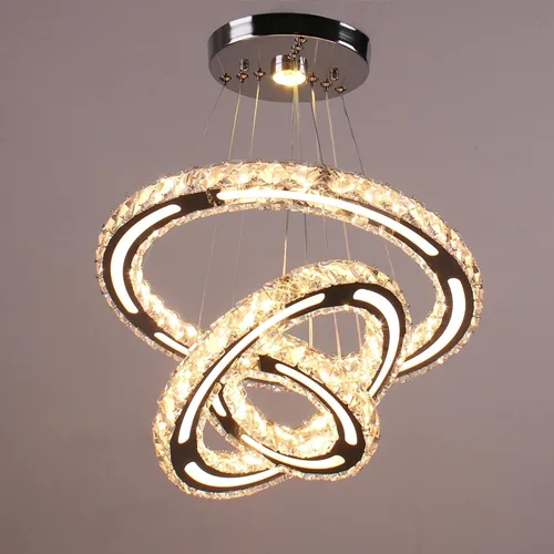 Vista 12 de CXGLEAMING Lámparas de araña modernas de techo LED con 3 anillos, lámpara de araña ajustable de cristal, lámpara de techo colgante para sala