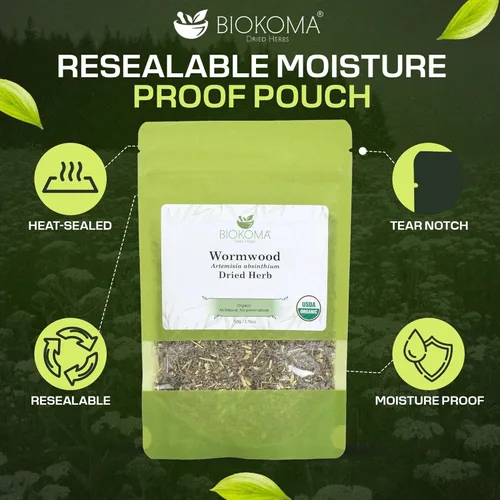 Vista 3 de Biokoma Hierba seca de ajenjo orgánico, 1.76 oz (1.76 onzas), té de hierbas sueltas de artemisia absinthium - USDA orgánico - Bolsa resellable a