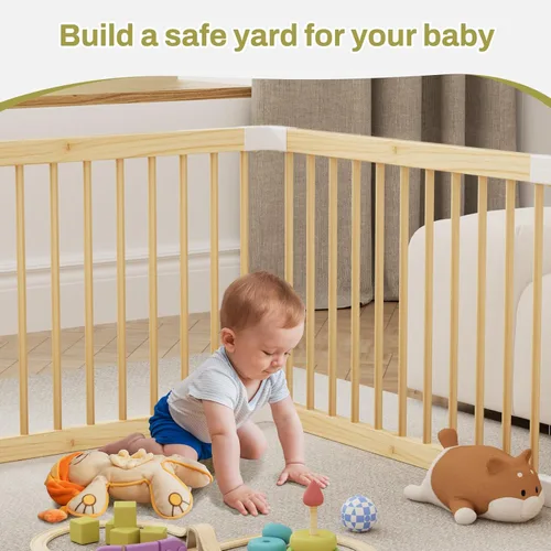 Vista 10 de Corralito grande de madera para bebés, puerta ajustable para niños pequeños y bebés, valla resistente, patio de juegos para bebés con puerta, área