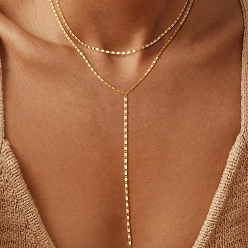 Vista 5 de MBW Lariat Collar para mujer, moderno, chapado en oro de 14 quilates, cadena de plata delicada en Y, collar largo y simple con perlas cúbicas