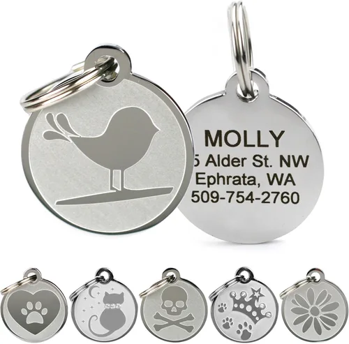 Vista 15 de Placas personalizables para mascotas, de acero inoxidable, para perros y gatos. Grabado personalizable con cuatro líneas de texto, elegante