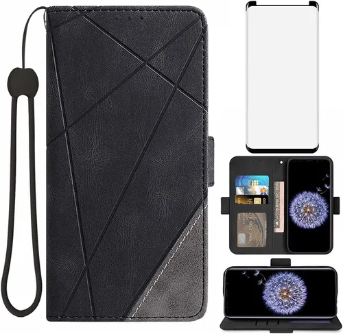 Asuwish Compatible con Samsung Galaxy S9 Plus Funda tipo cartera y protector de pantalla de vidrio templado, funda con tapa para tarjetero,