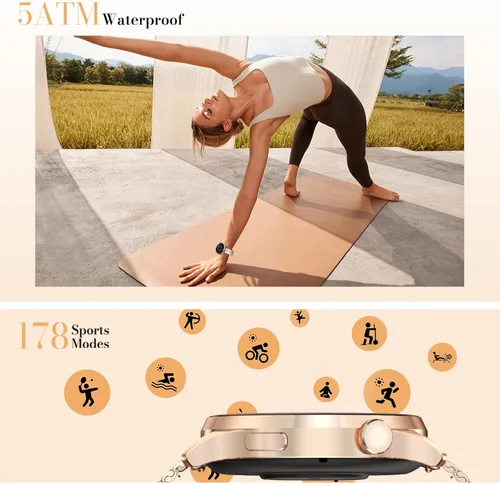 Vista 6 de Kieslect Reloj inteligente Lora Reno 3, pantalla AMOLED de 1.5 pulgadas, GPS, llamadas Bluetooth, más de 178 modos deportivos, correa dual, dorado