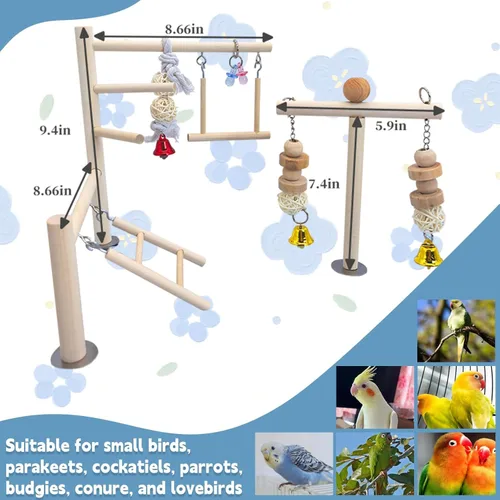 Vista 5 de PINVNBY Parque infantil para pájaros, loro, gimnasio, periquitos, jaula de juego, soporte de madera, perchas, corralito, escalar, juguete