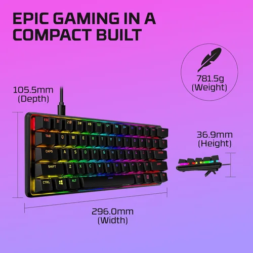 Vista 10 de HyperX Alloy Origins 60 - Teclado mecánico para juegos, factor de forma ultra compacto del 60 %, teclas PBT de doble disparo, retroiluminación LED