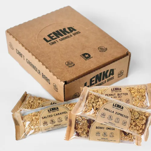 Lenka Discovery - Paquete de 12 bocadillos de granola con alto contenido de fibra, caramelo salado, bayas omega, vainilla expreso, mantequilla de