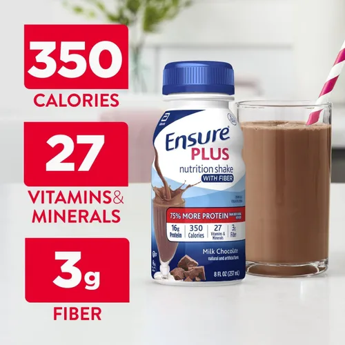 Vista 4 de Ensure Plus - Batido de nutrición con chocolate con leche y fibra Batido para reemplazar comidas Listo para beber 16g de proteína y 27