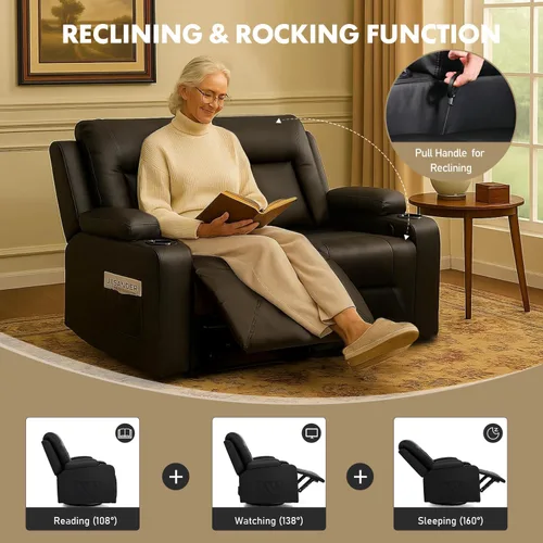 Vista 4 de LUCKLIFE Juego de sofá reclinable de cuero con sillones reclinables manuales, juego de muebles de sala con sofá reclinable, sofá biplaza y sillón