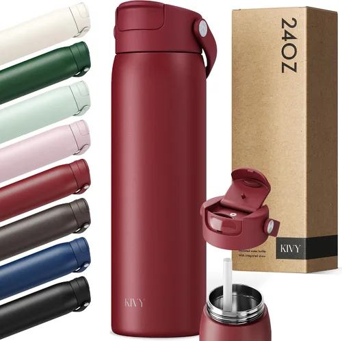 KIVY Botella de agua de acero inoxidable con pajita 24oz - 24h fría | 12h Rojo oscuro