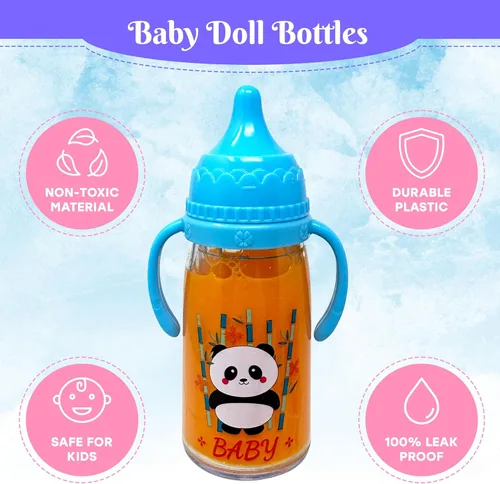 Vista 4 de Biberones para muñecas con juego mágico de leche y jugo que desaparecen, juego de 6 piezas de accesorios para muñecas de bebé, 4 botellas de juguete