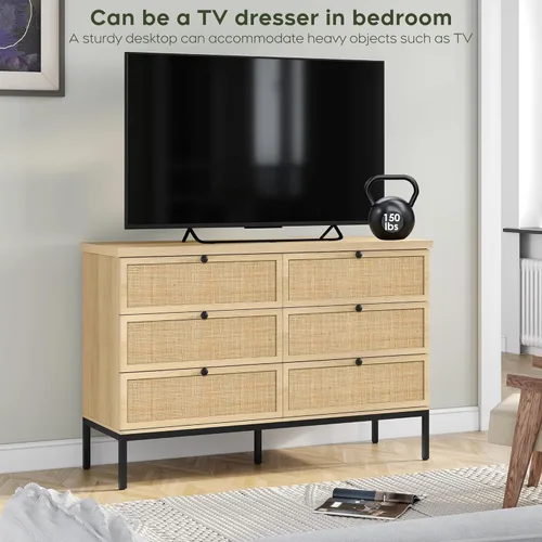 Vista 5 de Yechen Cómoda moderna de 6 cajones de 47.2 pulgadas de ancho con cajones de ratán natural, cómoda de madera industrial para dormitorio con patas