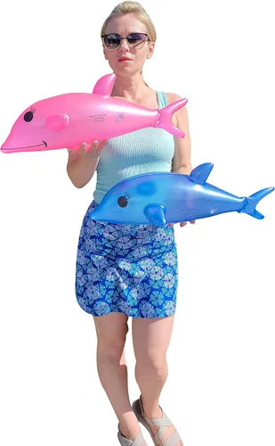 Vista 4 de Juguete inflable de delfín perlado azul y rosa de 22 pulgadas (juego de 2) inflable para playa junto a la piscina