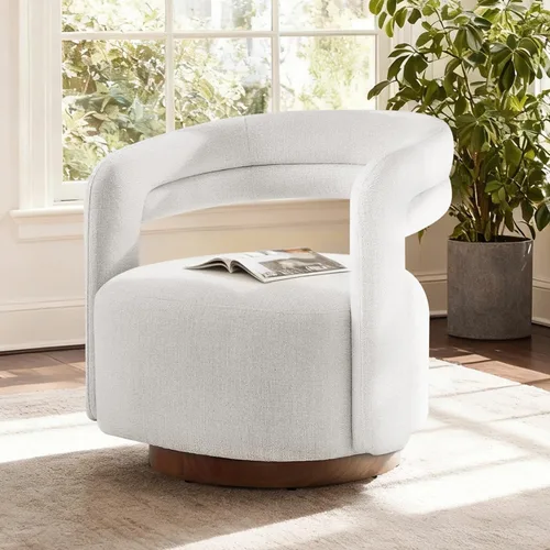 Silla giratoria decorativa, silla de barril tapizada con diseño de respaldo abierto, silla moderna con base de madera para sala de estar Crema
