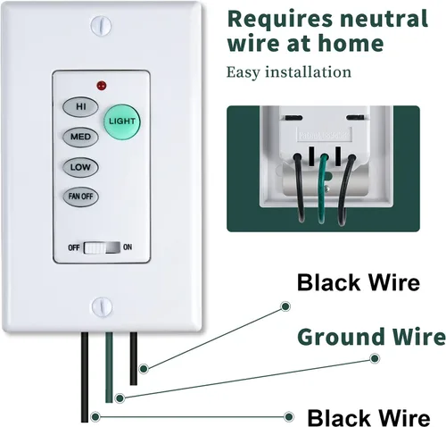 Vista 3 de Control de ventilador de techo universal UC9050T de 3 velocidades con control de pared montado, regulación de gama completa CHQ9051T