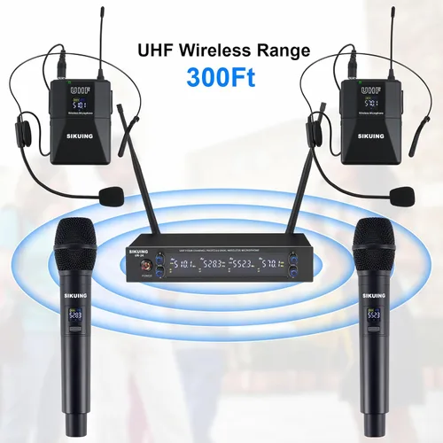 Vista 6 de Sistema de micrófono inalámbrico UHF de 4 canales con micrófonos de auriculares Lavalier, frecuencias ajustables de 4 x 50, ideal para reuniones