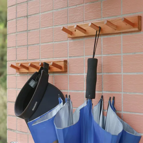Vista 4 de Perchero de pared de teca natural (juego de 2, 16.6 pulgadas), ganchos de entrada de granja con 5 ganchos de madera cada uno, clavijas rústicas