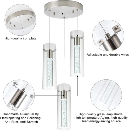 Vista 7 de Lámpara colgante de 3 luces LED para cocina, lámpara colgante de cilindro de burbujas de níquel cepillado con longitud ajustable para cocina, isla